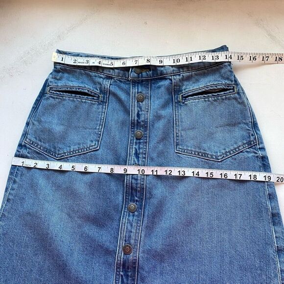 Etica Sophia Distressed Raw Hem Blue Denim Skirt Short Snap Front Women’s S - Picture 7 of 13